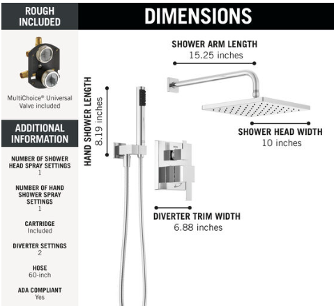 Delta Modern Square Non Shared Function Shower System Package with 1.75GPM Single Function Shower Head and Hand Shower - Includes Rough-In