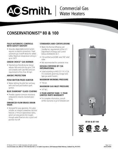 A. O. Smith BT80 Conservationist Commercial Natural Gas Water Heater