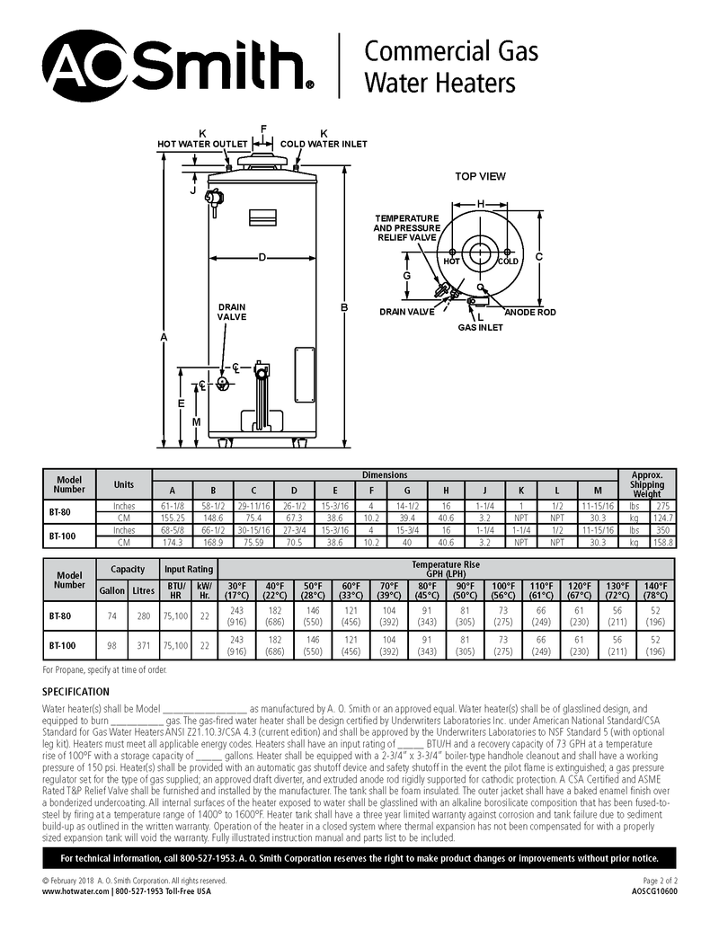 A. O. Smith BT80 Conservationist Commercial Natural Gas Water Heater