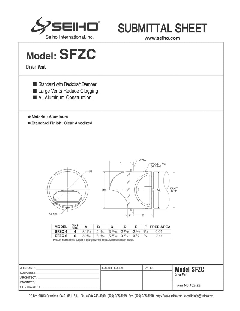 Seiho SFZC-4 4" Aluminum Dryer Vent Cap w/ Backdraft Damper