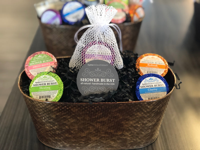 This basket also includes 5 shower bursts and a sachet to put them in. These are the scents available in your purchased gift!